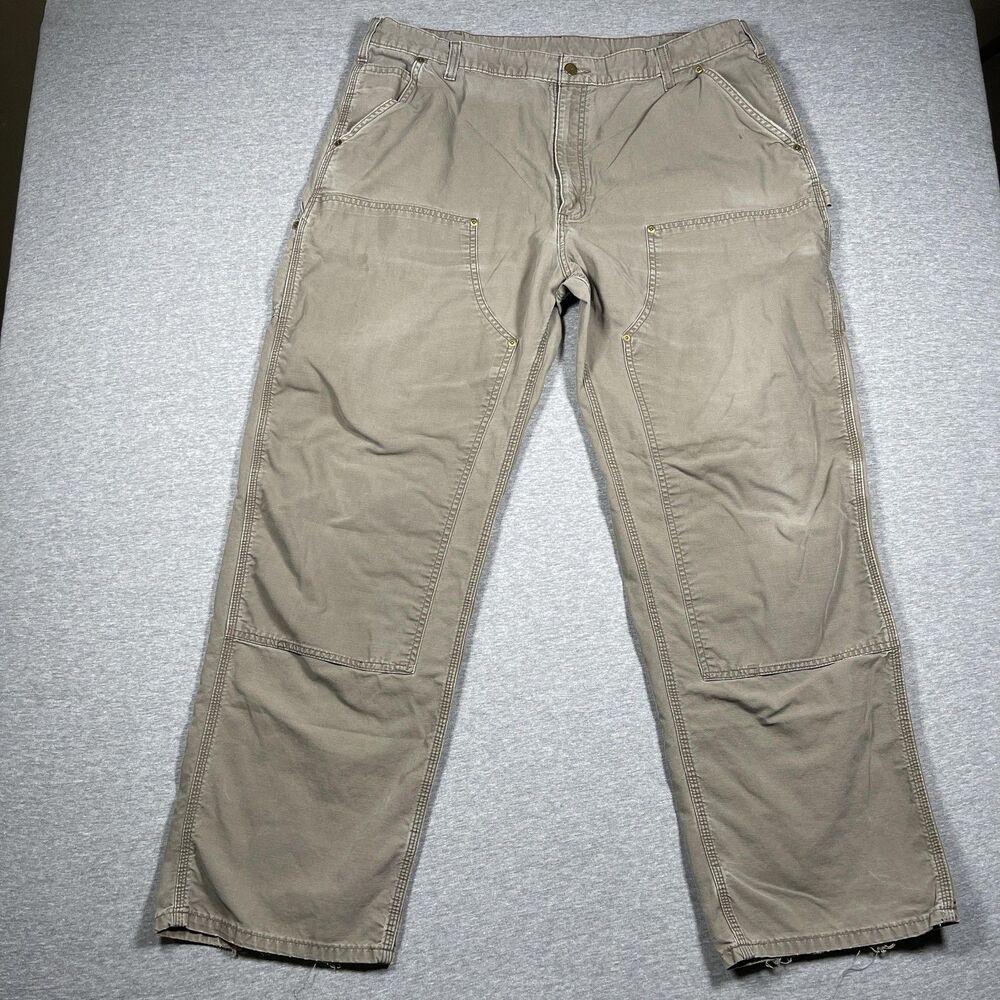 Carhartt Carpenter Pants Mens 38x31 Beige Dungaree Relaxed Workwear Double Knee